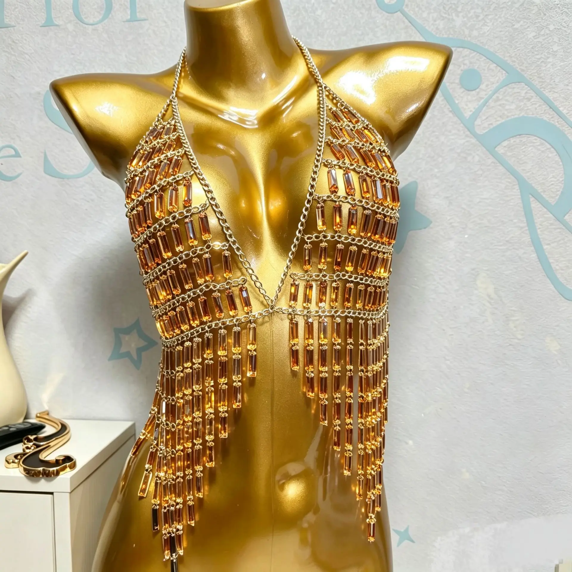 Hot Selling Solid Color Body Chain Bead Top White Diamond Handmade Spicy Girl Bra Backless Hanging Neck Bead Strapless