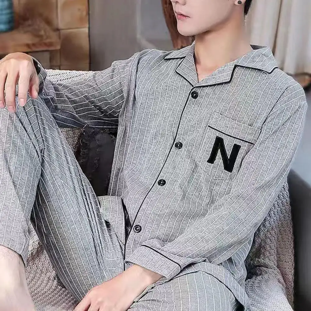 Relaxed Fit Loungewear Set Striped Turn-down Collar Men\'s Pajama Set Comfortable Homewear with Loose Wide Leg Trousers Elastic