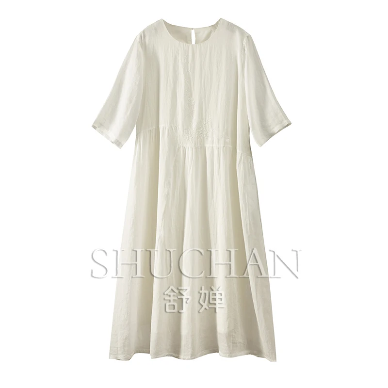 

New 2024 Summer Ramie Dress Women Embroidery Three Quarter Sleeve Long Dresses for Women