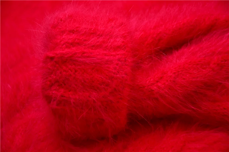 ملابس نسائية للخريف والشتاء موضة الجاكار الأحمر شعر الأنجورا أرنب الشعر محبوك س الرقبة طويلة الأكمام فضفاضة سترة البلوز #6