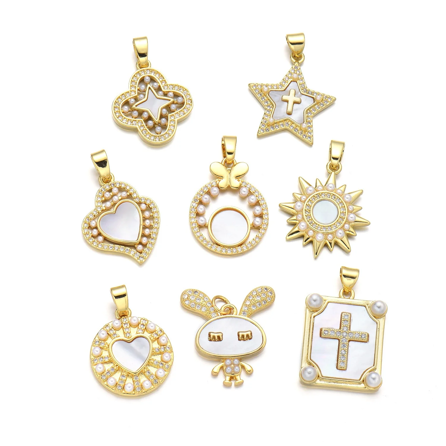 5pcs European and American White Fritillary Copper Gold Plated Cross Love Pendant DIY Jewelry Necklace Accessories Wholesale