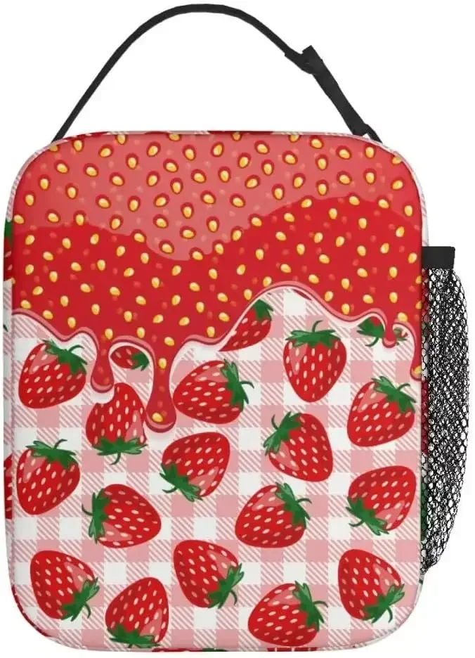 Strawberry Pink Plaid Reusable Lunch Bag, 8 x 4  10 inches