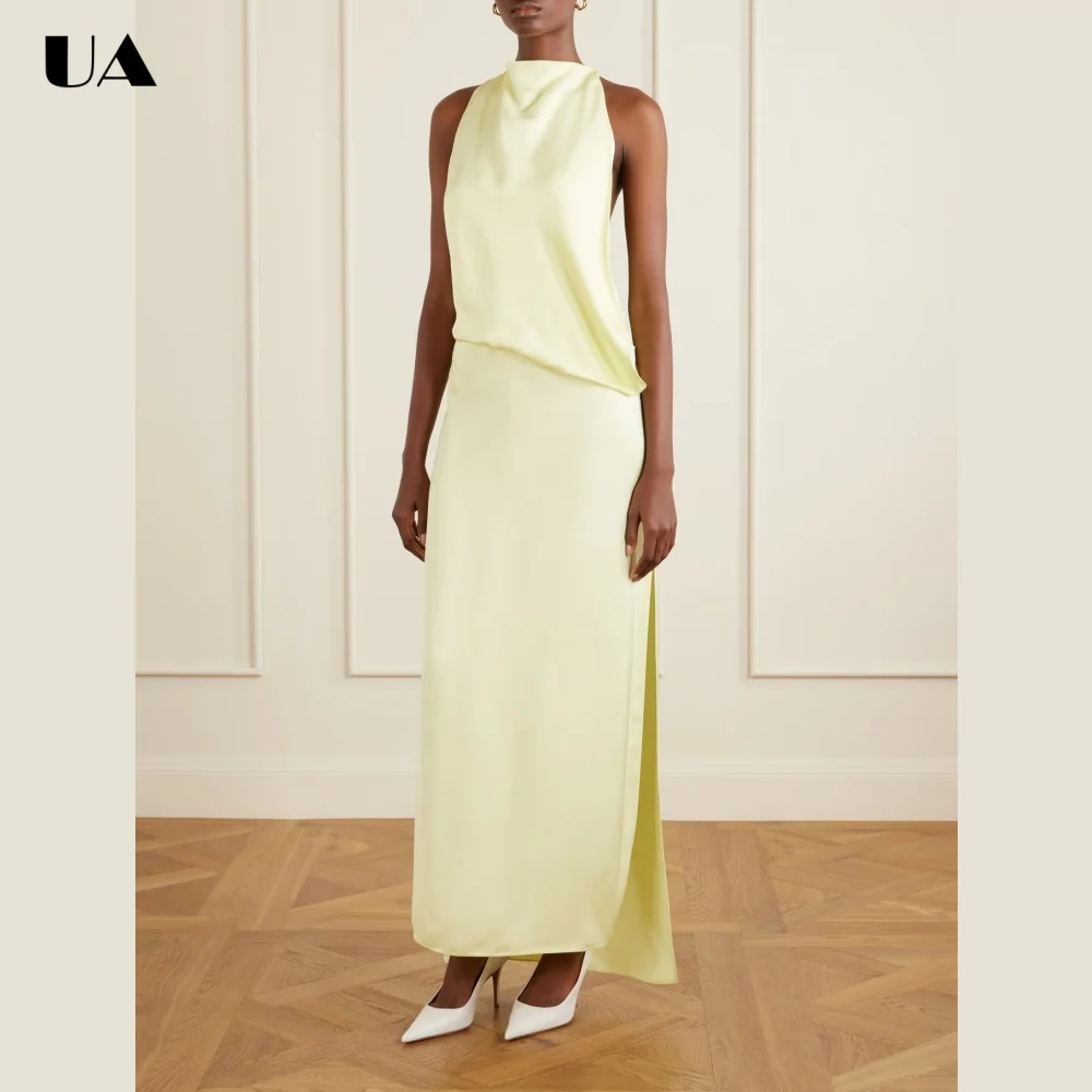 

ULBYANRY Customized Solid Satin Straight Prom Dress for Woman, Sexy Sleeveless Slit Evening Dress, Fashionable Draped Ball Gown
