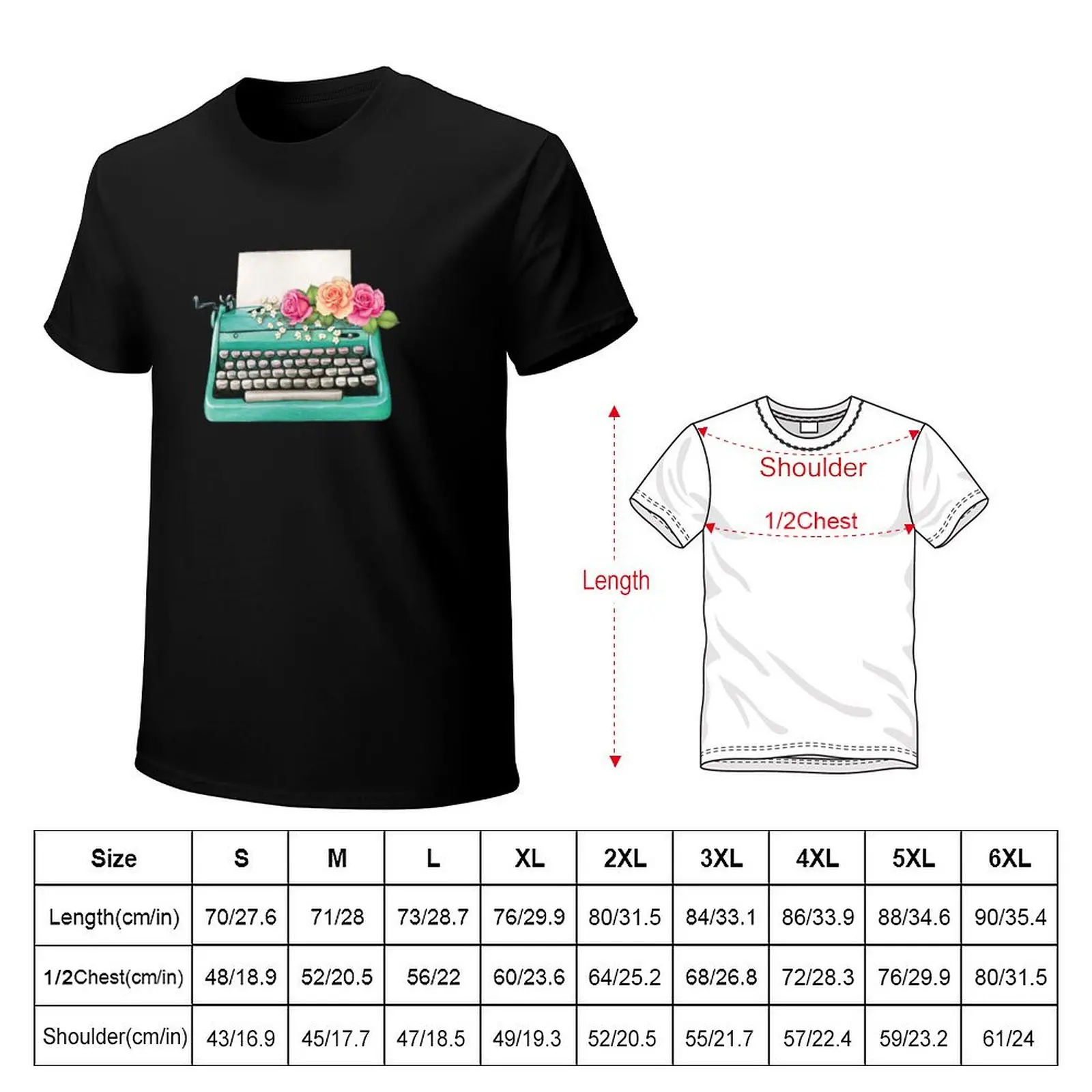 AQUA TEAL TURQUOISE VINTAGE TYPEWRITER WITH VIBRANT FLOWERS T-Shirt Worker Basic Short Sleeve Tee