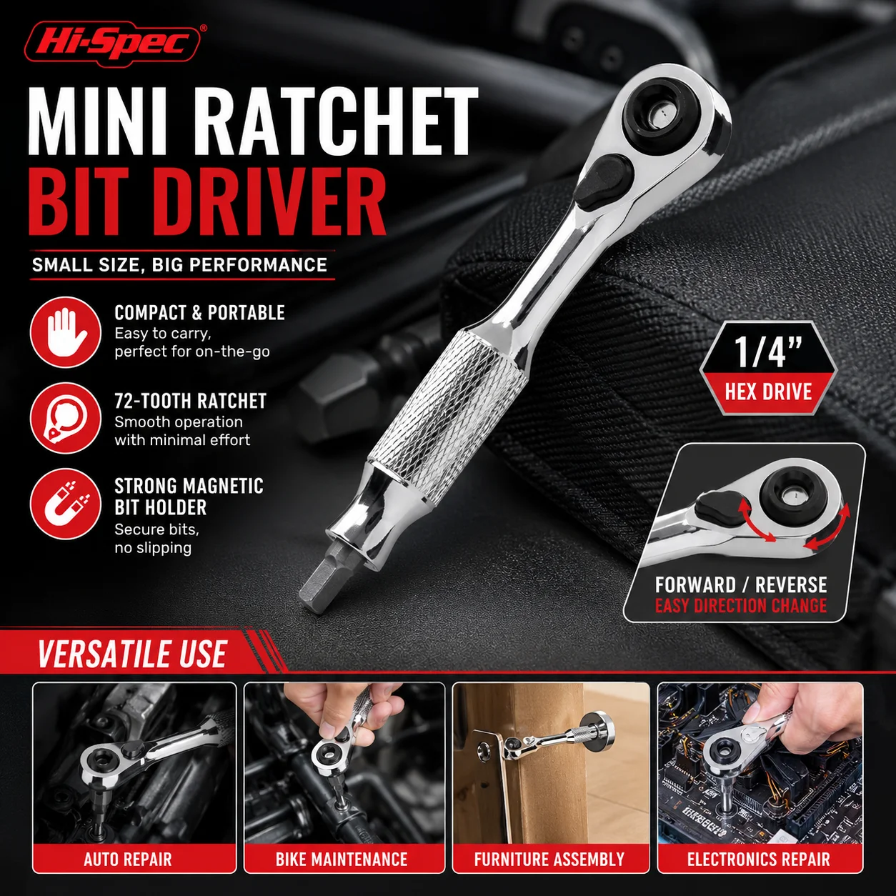 

Hi‑Spec 72 Tooth Mini Ratchet Wrench Set 1/4” Double Head Torque Wrench Compact Ratchet Spanner for Bike Car & Home DIY Repair