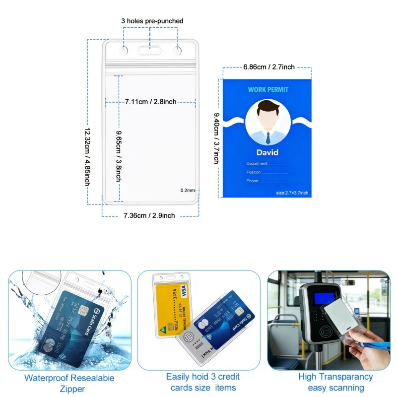 5/10/20pcs Vertical Clear ID Badge Holders, ID Card Holders, PVC Plastic Badge Holders with Resealable Zip,