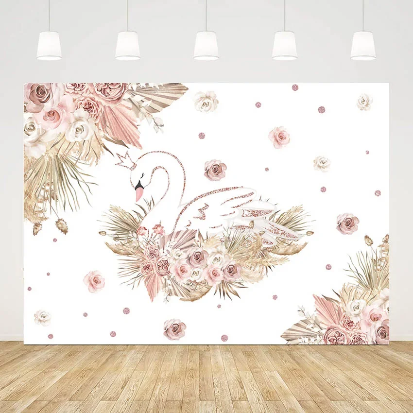 7X5FT Fairy Floral Pink Princess Swan Happy Birthday Baby Shower Custom Photo Studio Backdrop Background Vinyl 220cm X 150cm