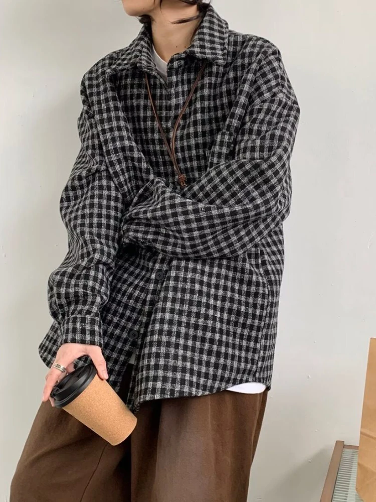 

Zoki Women Harajuku Plaid Shirt Loose Oversize Long Sleeve Vintage Blouse Japan Casual Pockets Bf Retro Fall High Quality Tops