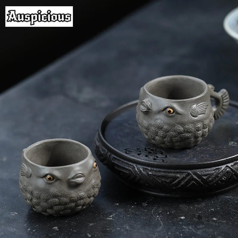 60ml Chinese Yixing Zisha Teacup Handamde Biomimetic Puffer Master Cup Raw Ore Green Grey Mud Purple Clay Tea Bowl Kung Fu Set