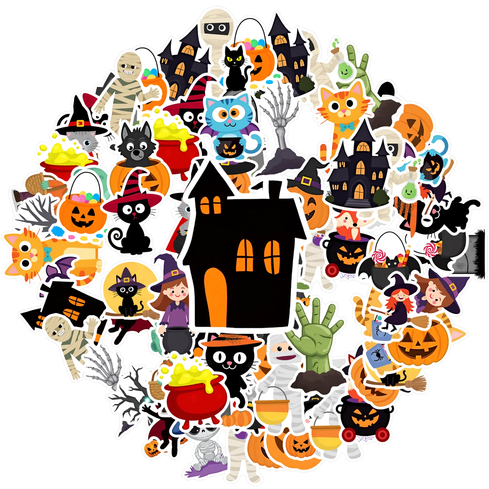 35pcs-50pcs Spooky Halloween Stickers Cartoon Cat Stationery Stickers Animal Stickers For Guitar Laptop Helmet Skateboard