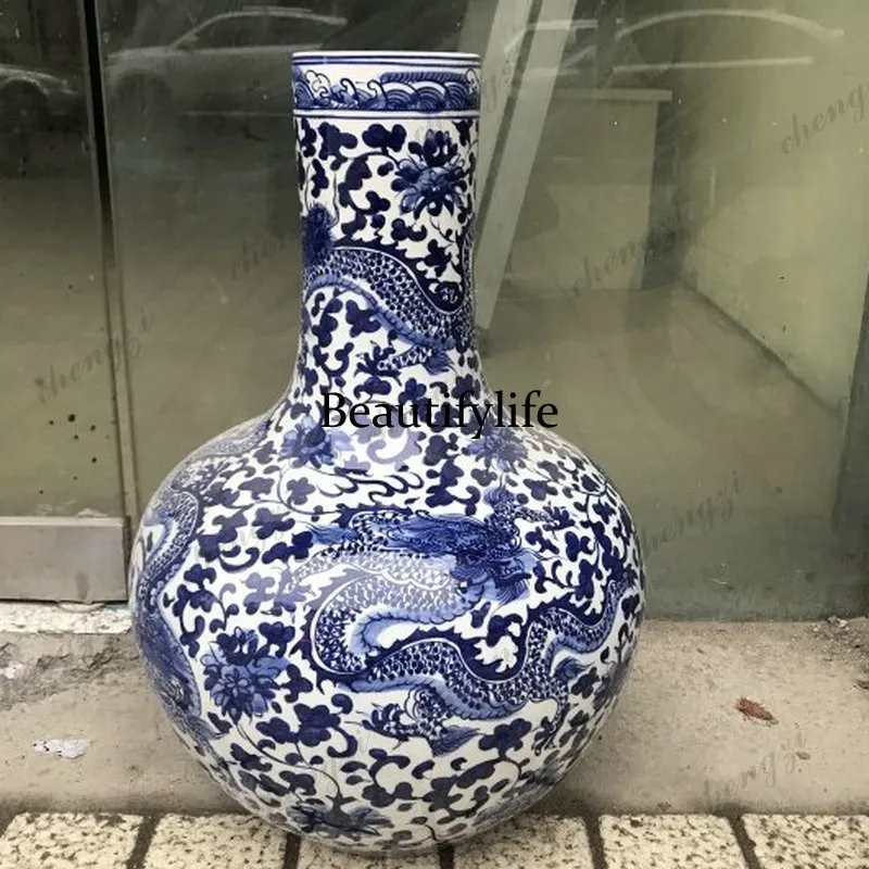 Ceramic floor-to-ceiling large vase hand-painted blue and white porcelain tangled lotus, bottle 56cm living room ornament