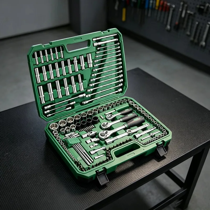 Premium 150pcs Tools Set Anti-Rust Chrome Plated Socket Wrench Kit with Durable Hard Case for Emergency Roadside Repair