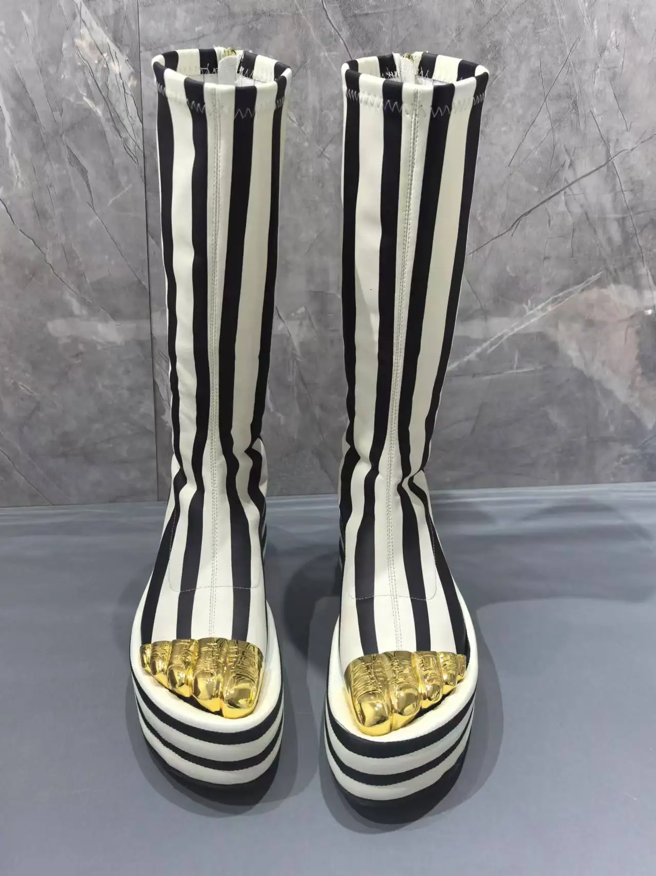 Gold Fingers Women Short Boots Round Toe Thick Bottom Mid-Calf Boots Black and White Stripe Boot Brand Design Shoes Big Size 43