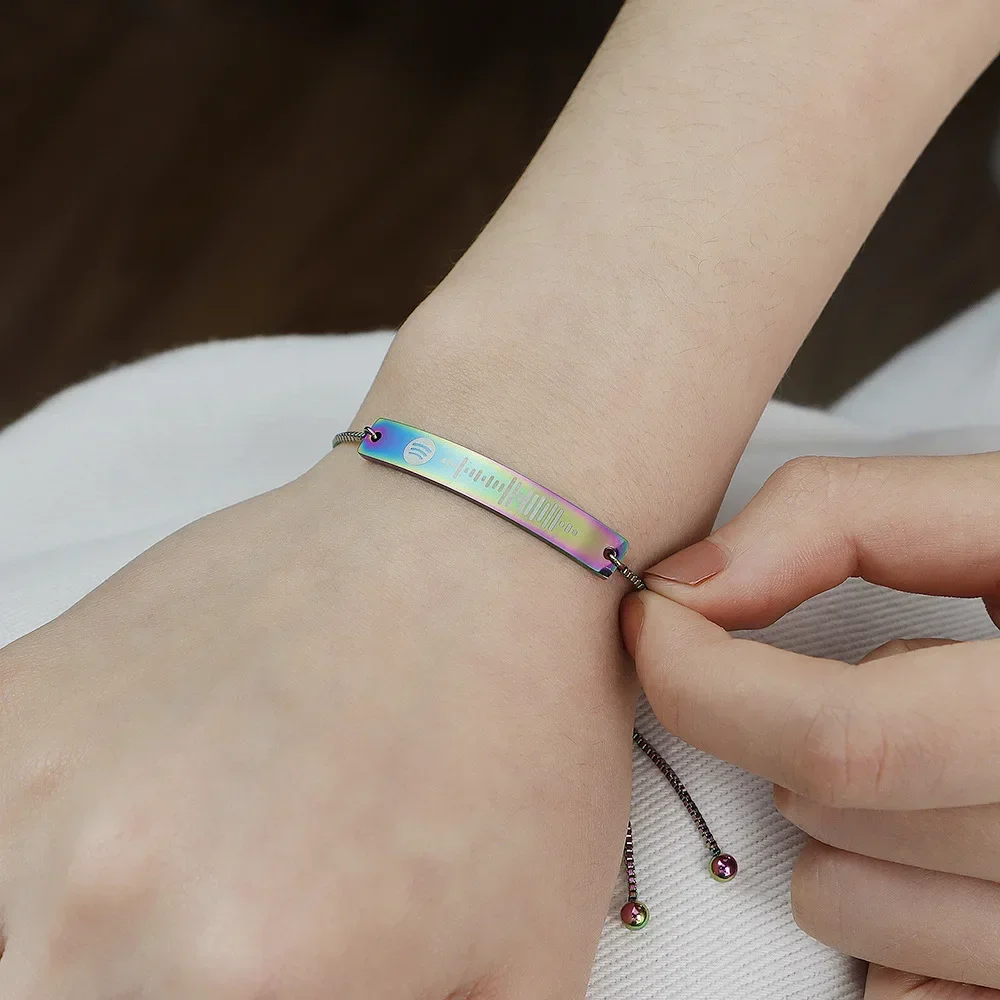 Audio Track Gradient Armbänder Edelstahl gebogene Geometrie Streifen Armband verstellbar Paar DIY Anpassung personalisiert – Detail 7