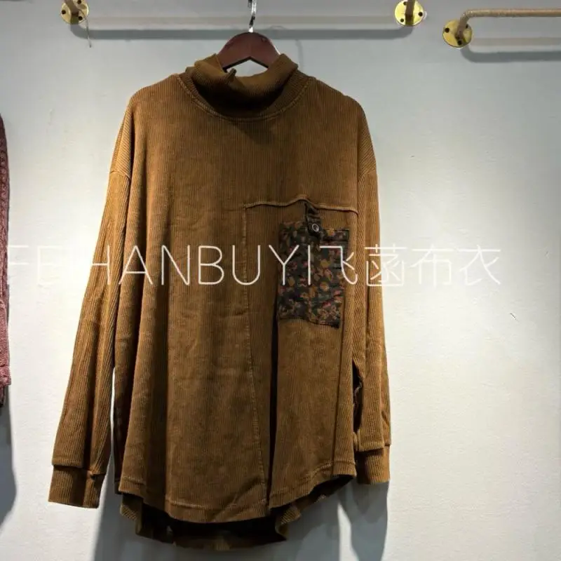 

Осенний новый художественный стиль, женская свободная водолазка с длинным рукавом, хлопковая футболка, женские топы, высококачественная повседневная футболка с одним карманом