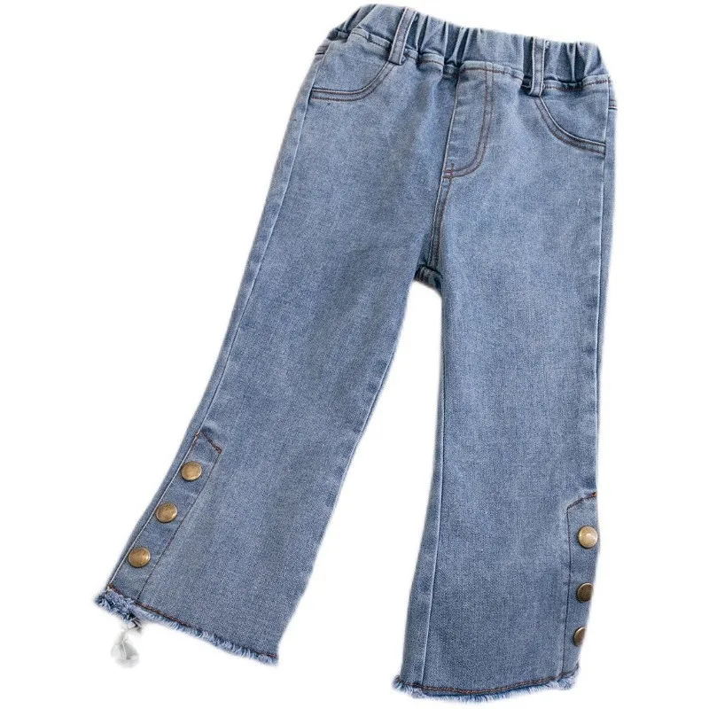 Fashion Girls\' Jeans 2023 Spring New Children\'s Slim Flare Pants Korean Kids Baby Side Split Elastic Denim Trousers 2-7Y