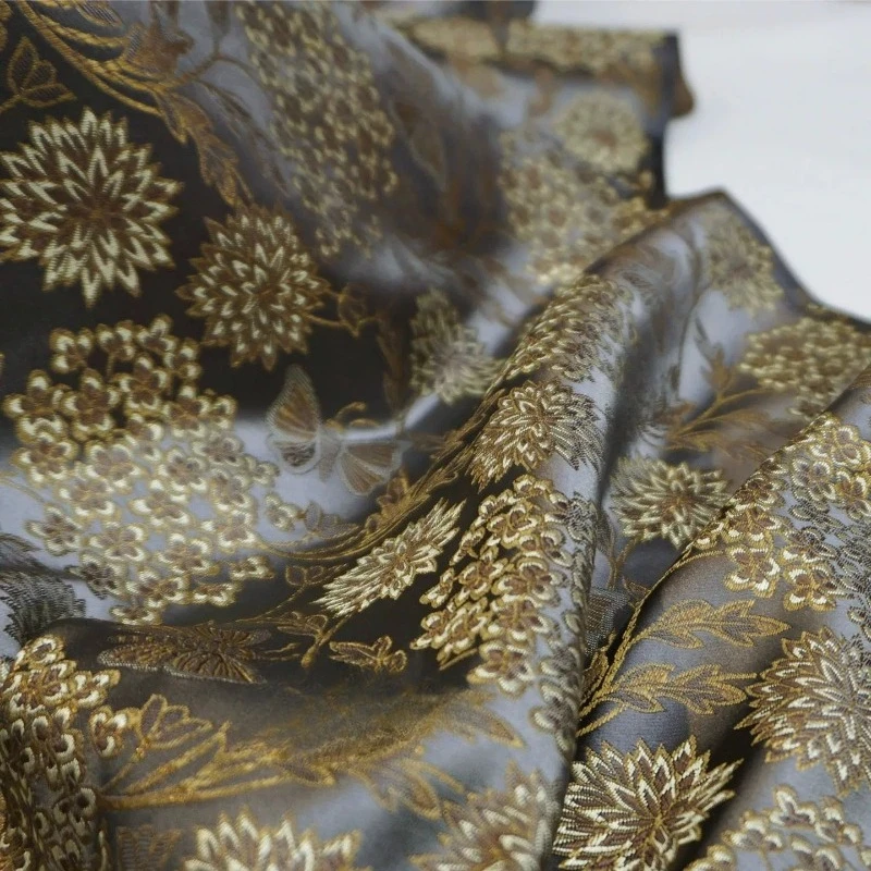 1meter Jacquard Brocade Silk Fabric Grey Hydrangea Butterfly Floral Luxurious Soft Chinese Style Qipao Hanfu Dress DIY Sewing