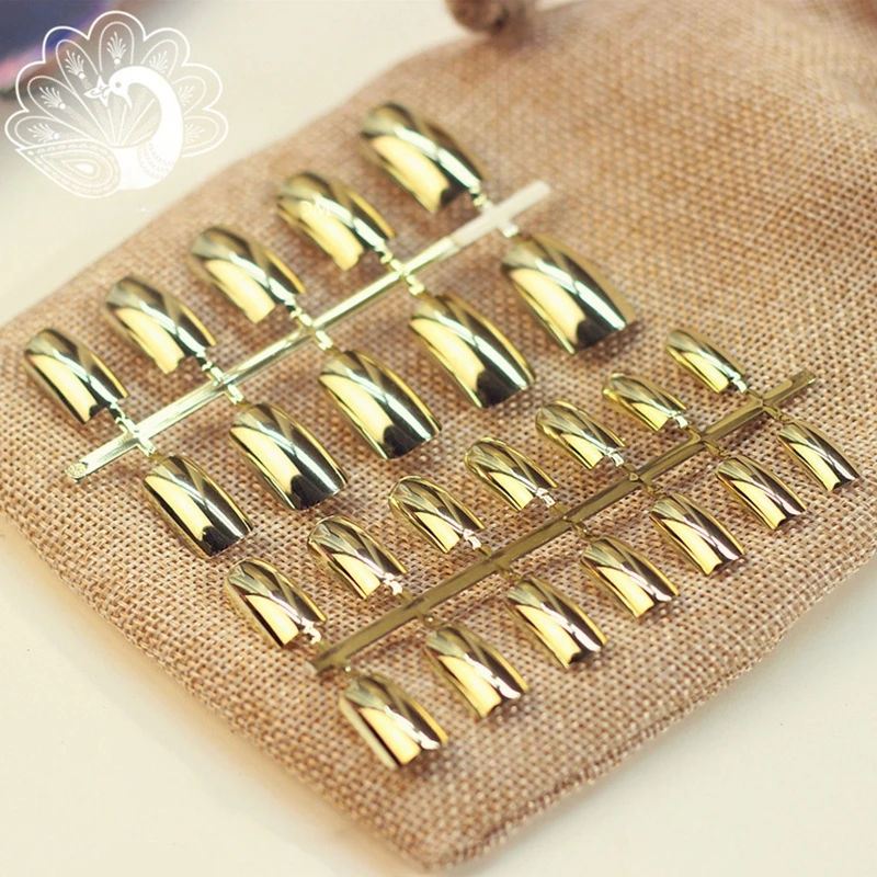 24pcs Sexy Metallic Nail Tips Acrylic Mirror Surface False Nails Long Size Gold Color in Simple Package