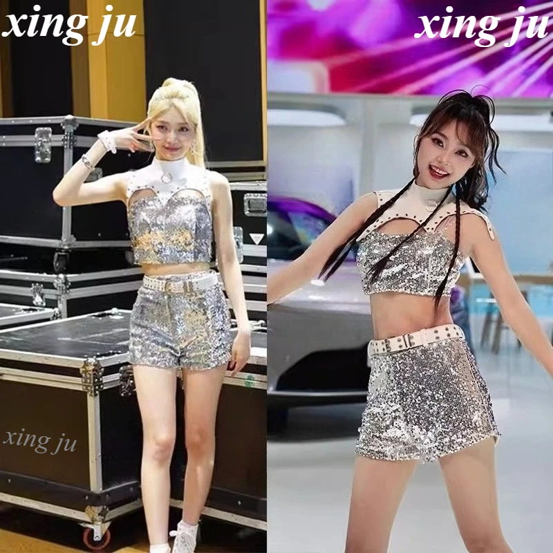 Kpop Korean Women Group Costume Sexy Sequins Halter Crop Tops Tight Shorts Slim Pants Female Jazz Dance Performance Stage Wear