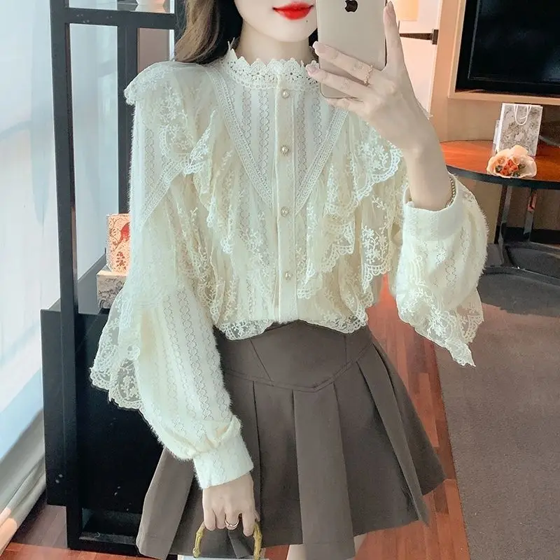 Vintage Sweet Lace Shirt Autumn Women Elegant Long Sleeve Blouses Korean Office Lady Casual Fashion Tops Femme Blusas TT753