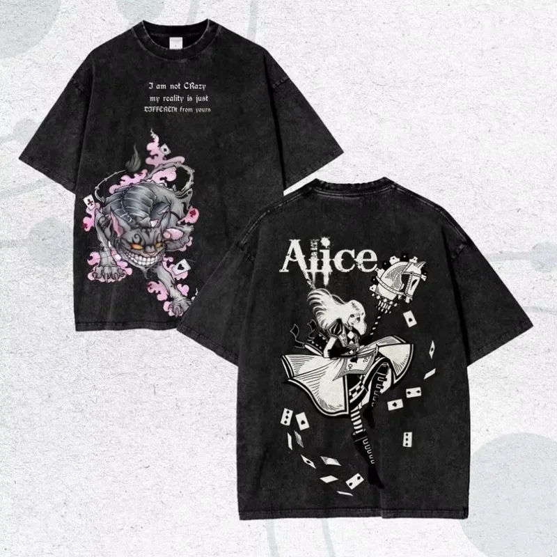 Alice Madness Returns Shirt Vintage Washed Unisex Oversized Game Streetwear Soft Cotton Short Sleeve Tee Gift Clothing Tops Hot