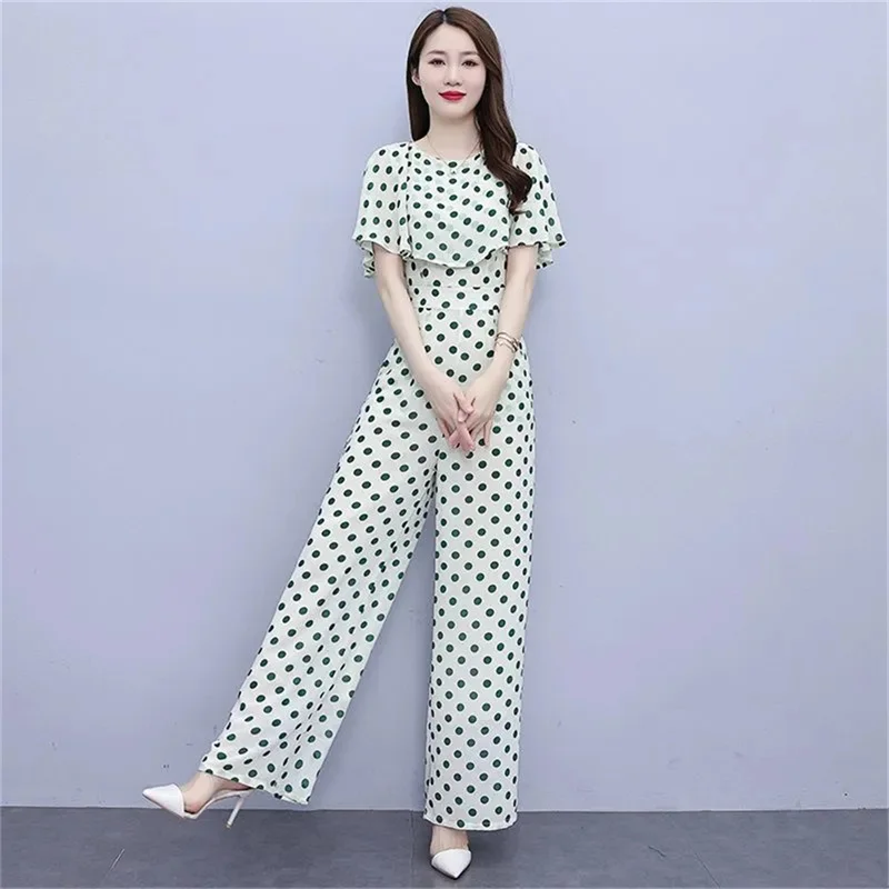 Wave Point Ice Silk Summer 2024 Jumpsuit For Women Fashiona New Slim Fit High Waisted Jumpsuit Lotus leaf Patchwork Set Female