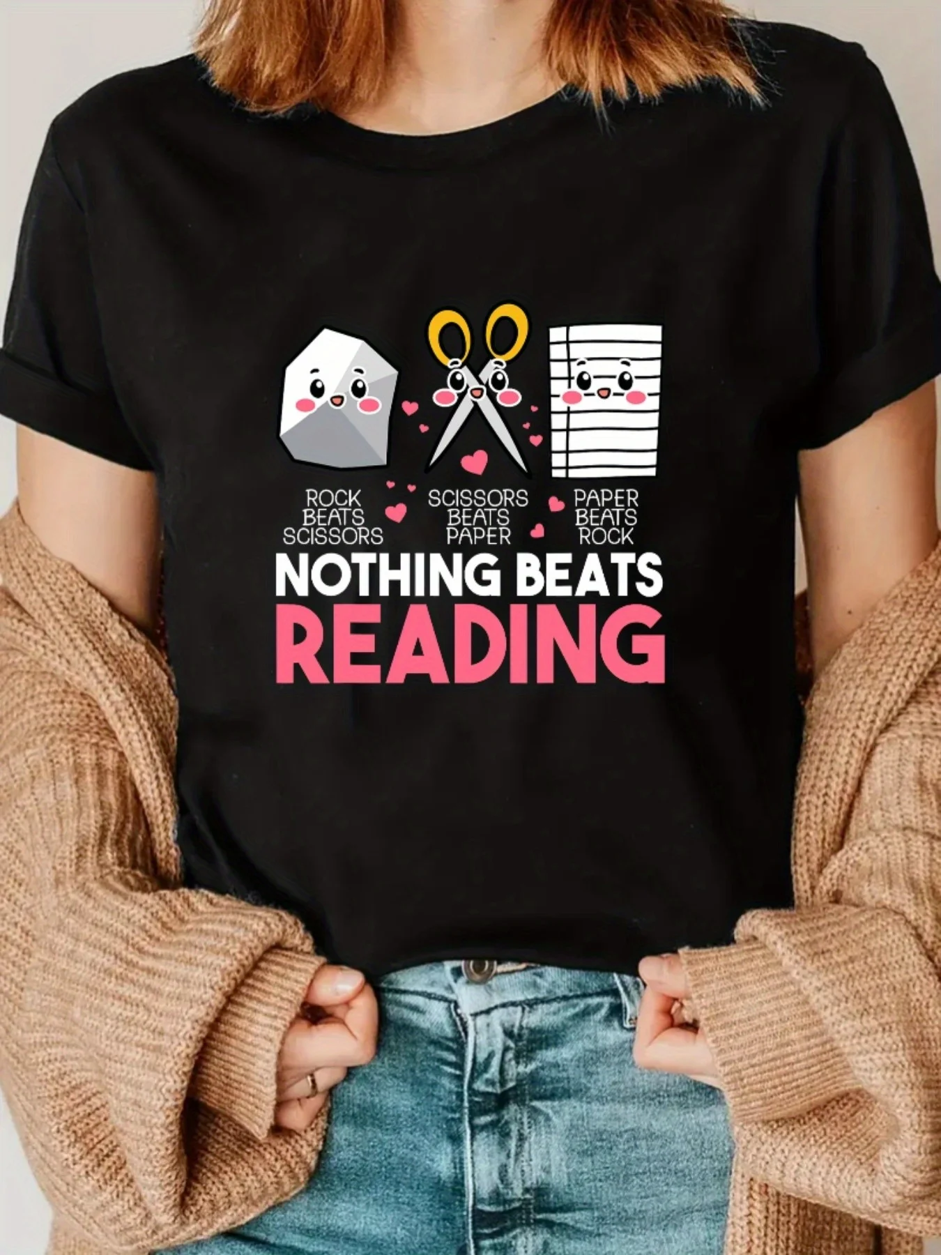 

Женская повседневная футболка с рисунком «Nothing Beats Reading» — розовая футболка с круглым вырезом и короткими рукавами с забавным дизайном закладок