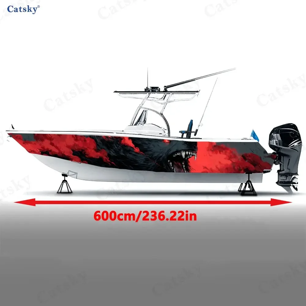 Red eyed Black Wolf Roars Boat Stickers, PVC Waterproof Durable Vinyl Wrap Decals for Fishing Boats, Durable and Stylish Design