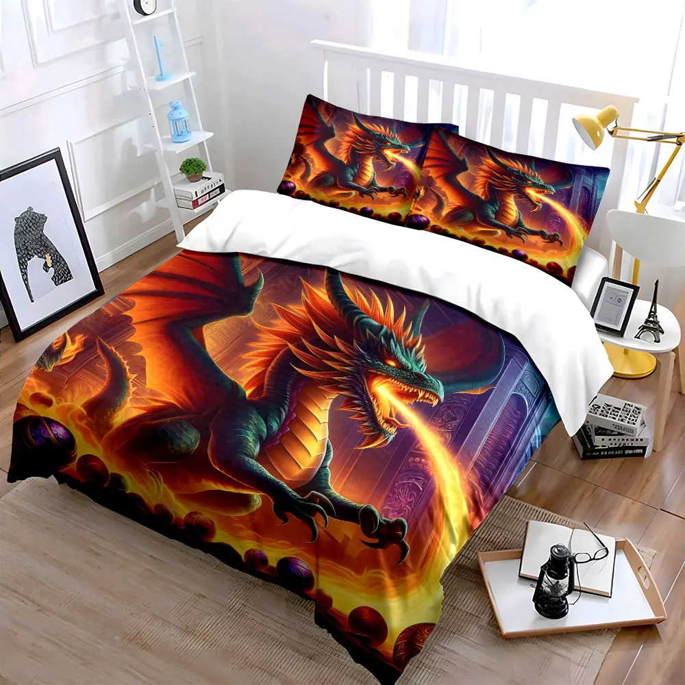 3pcs Fiery dragon guarding treasures Print Soft Comfortable Duvet Cover Bedding Set Included 1*Duvet Cover 2*Pillowcases