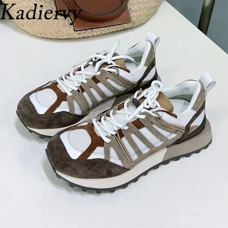 

Casual Sneakers For Women Lace Up Round Toe Suede Patchwork Outdoor Sports Shoes Woman Chain String Bead Flat Shoes Woman