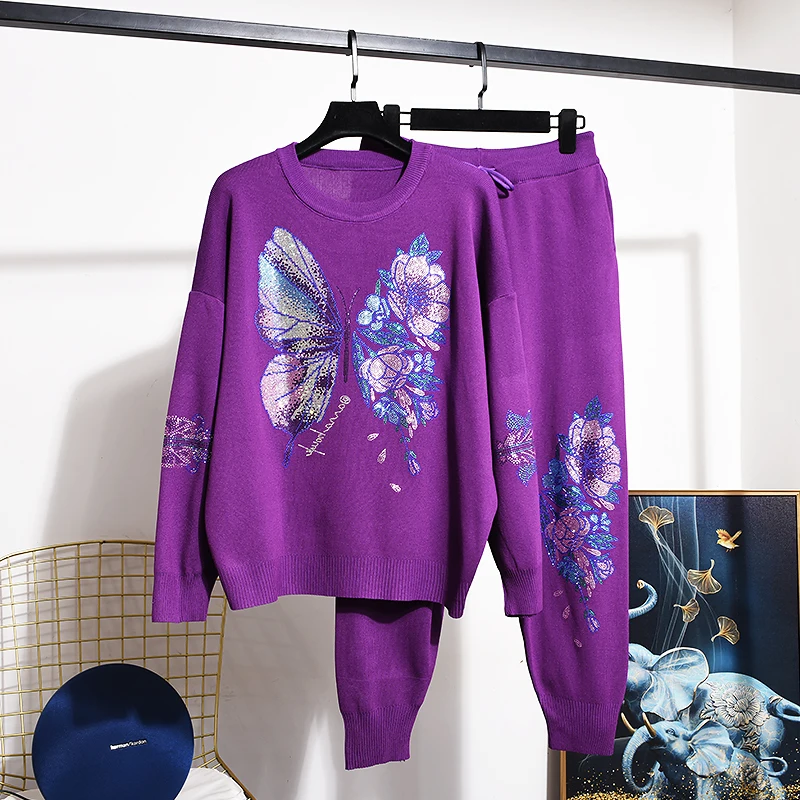 Fashion Purple Butterfly Hot Drilling Knitted Tracksuits Set Women 2pc Autumn Knit Pullover Sweater Pencil Pants Outfits Female