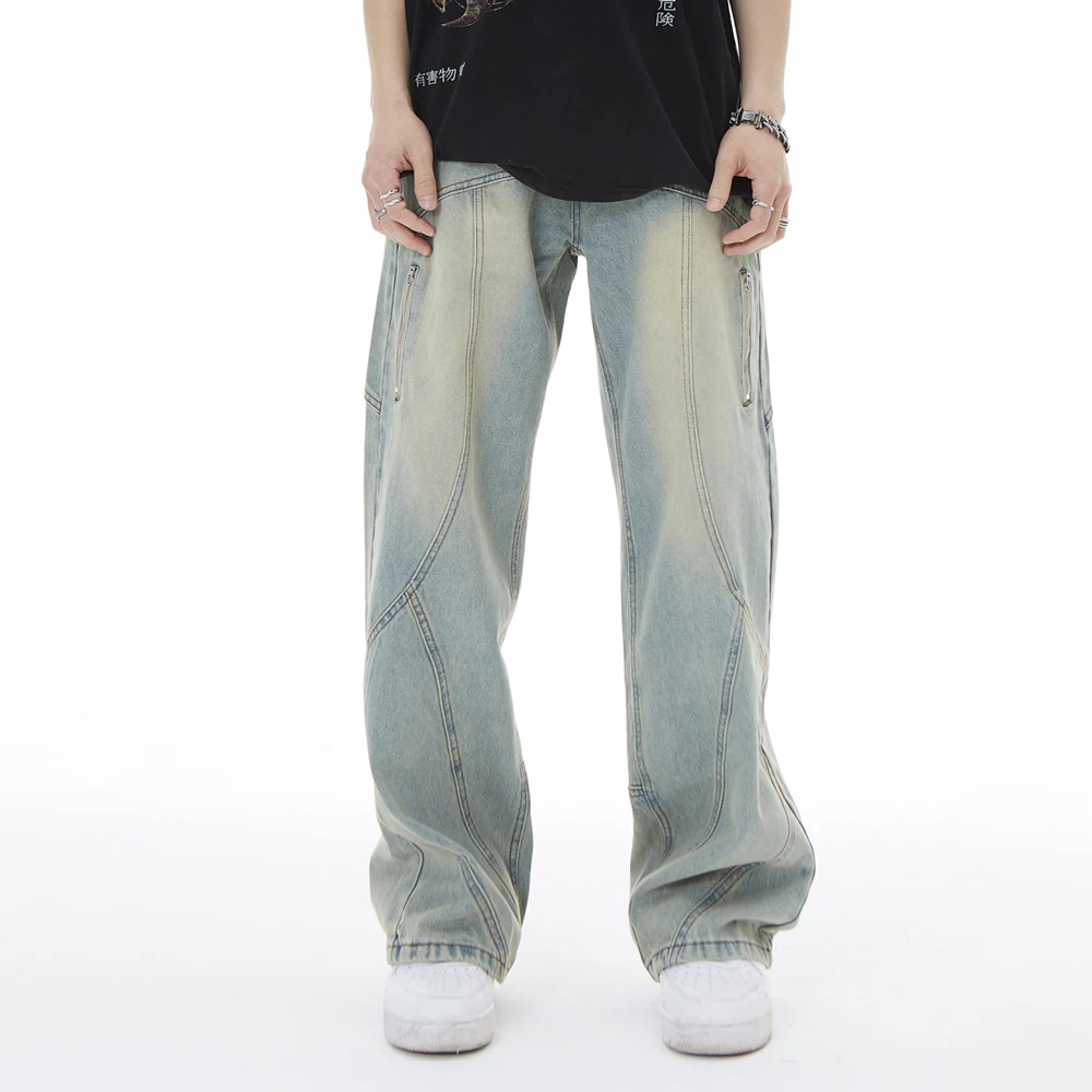 Baggy Jeans Men Wide Leg Straight-leg Topstitched Seam Solid Unisex Dance Hip Hop Rap Loose Trousers Y2k High Street Denim Pants