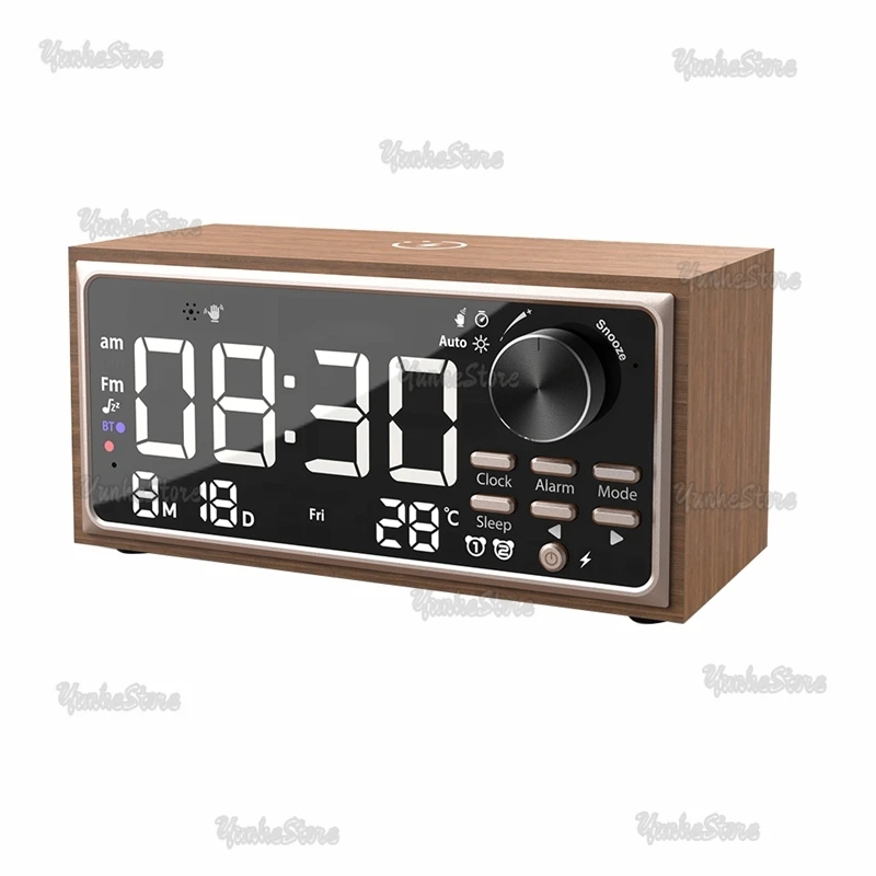 

Vintage Dual Alarm Clock Radio With Wireless Charging, FM Radio, LED Display, Dimmer Control For Bedroom