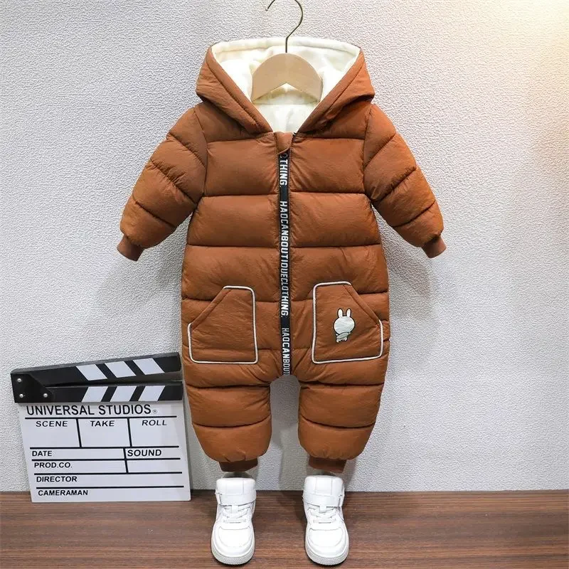 

New Born Plus Velvet Baby Costume Girl Clothes Winter Cotton Overall Rompers Cartoon Solid Hooded Snowsuit Toddler Boy Jumpsuits