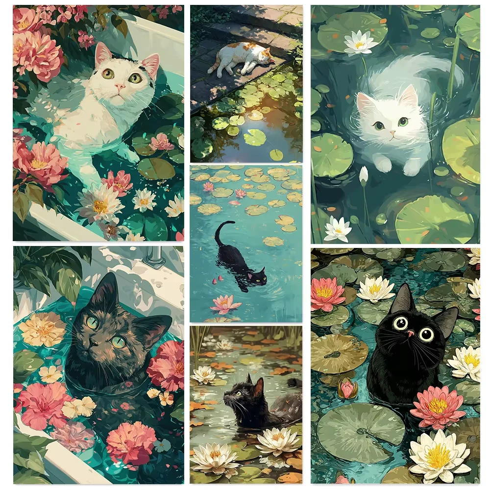 5D DIY Diamond Painting Modern Pond Black Cat Diamond Mosaic Handmade Art Exquisite Creative Gift for Adults Home Decor