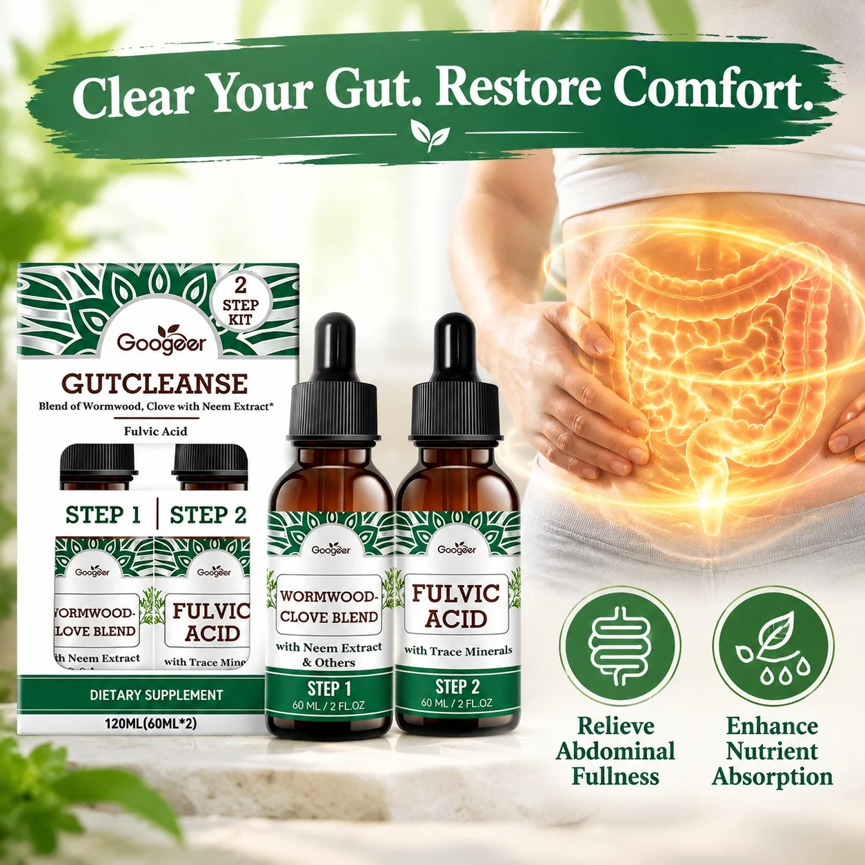 Gut Cleanse 2 Step Drops Relieve Abdominal Fullness Clear Intestinal Waste Enhance Slow Digestion Boost Nutrient Absorption