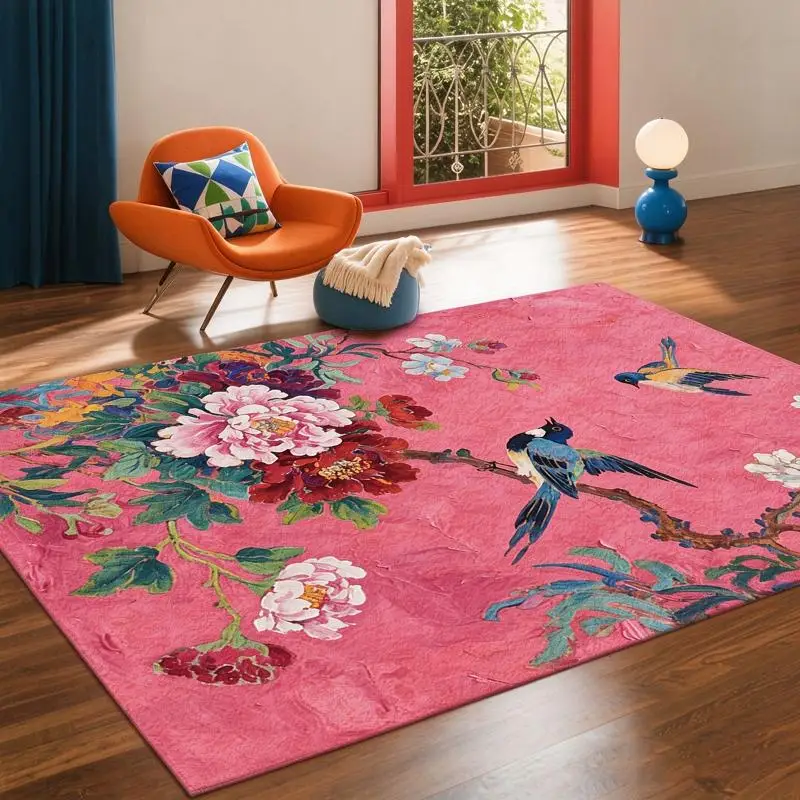 1PC Floral Bird Pattern Pink Area Rug, Vintage Washable Rug for Office, Living Room, Bedroom, Bathroom, Hallway, Dorm, Patio Modern Decor