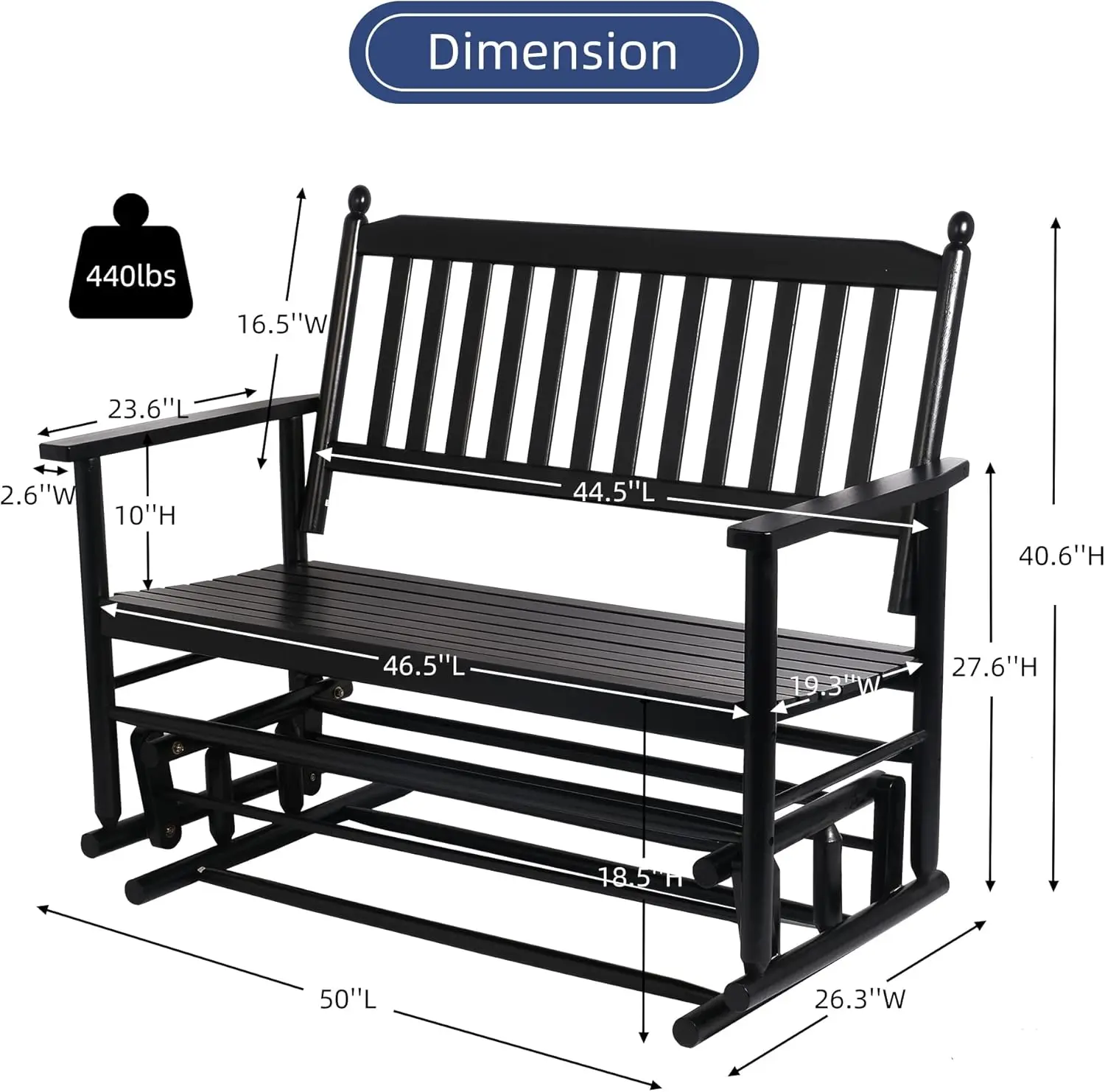 Patio Glider Benches for Outside, Porch Glider Swing Chair Outdoor Glider Rocking Bench, 400LBS Capacity, Wooden 2-Person Glider