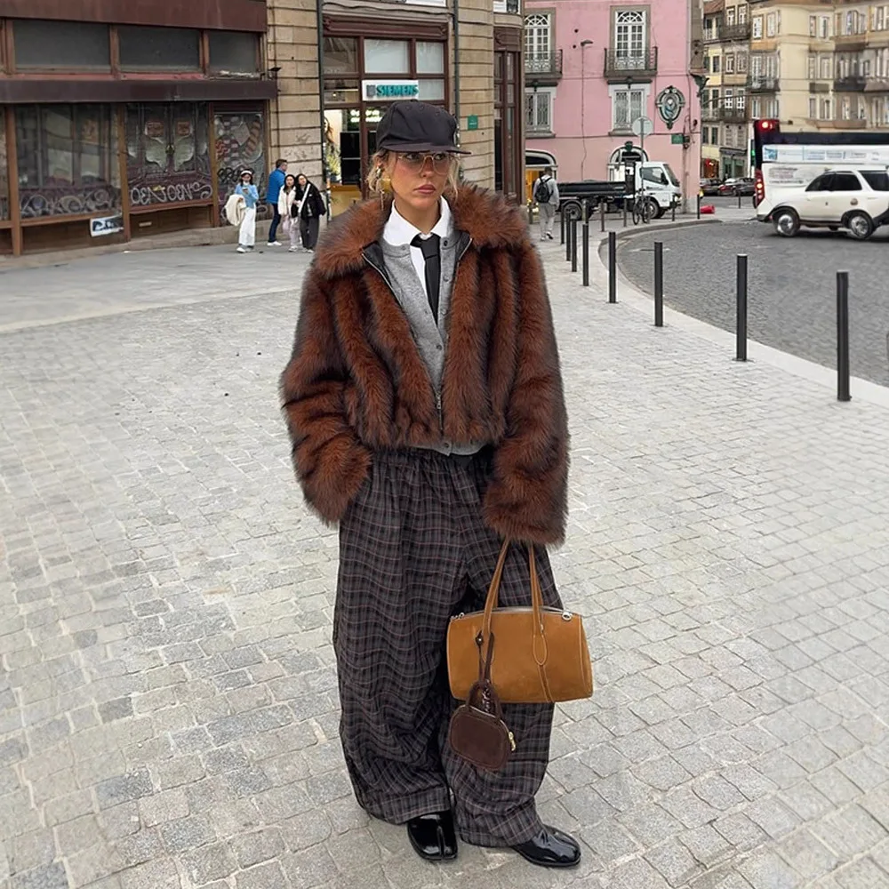 Chic Braun Winter frauen Künstliche Eco Pelzmantel Revers Kragen Zipper Faux Pelzmantel Für Dame Flauschigen Verdickte Weibliche Pelz jacke