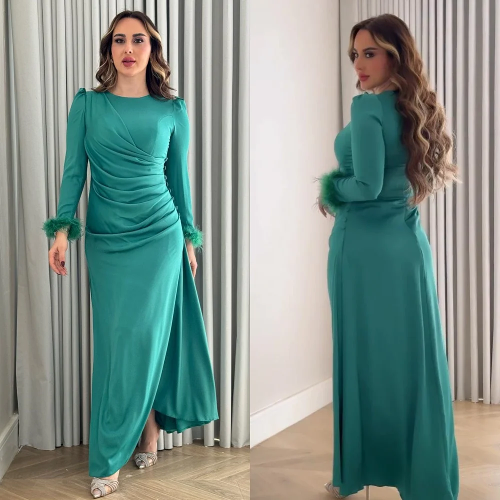 

Jiayigong Jersey Draped Pleat Feather A-line O-Neck Bespoke Occasion Gown Long Sleeve Dresses Saudi Arabia