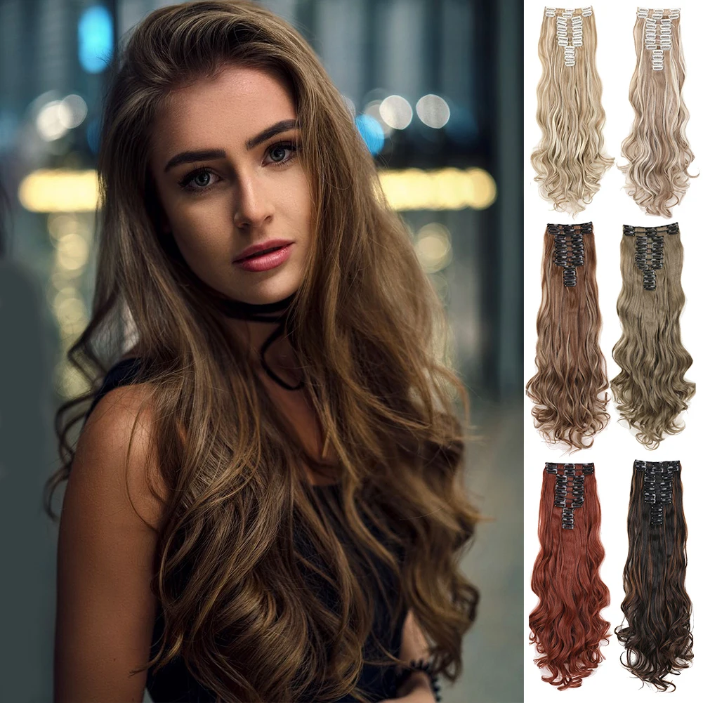 

Clip in Hair Extensions Premium Synthetic Long Wavy Hairpieces 24 Inch 12PCS/Pack Thick Double Weft Hair Extensions for Women