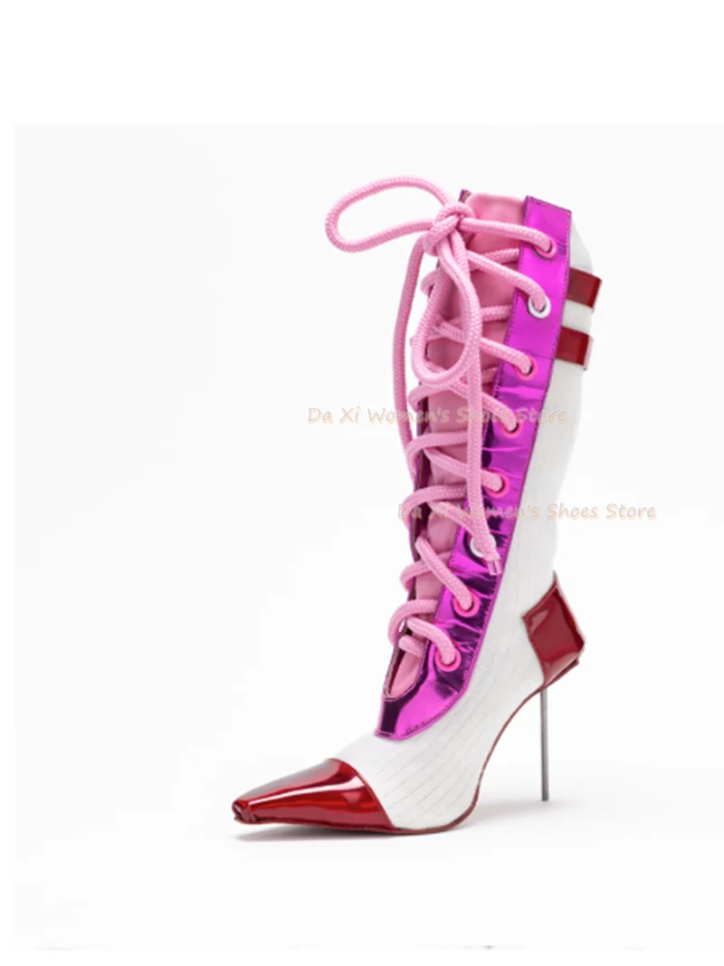 Pointed Tip Metallic Texture Splicing Women's Mid-Calf Boots Thin Metal Heel Runway Piece Luxurious Dinner Party Winter Boots