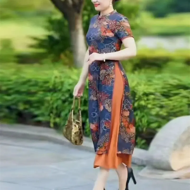 Women\'s Dress 2025 Summer Loose Ethnic Style Retro mom Outfit Improved Cheongsam Dress Print Medium Long A-line Skirt Commuting