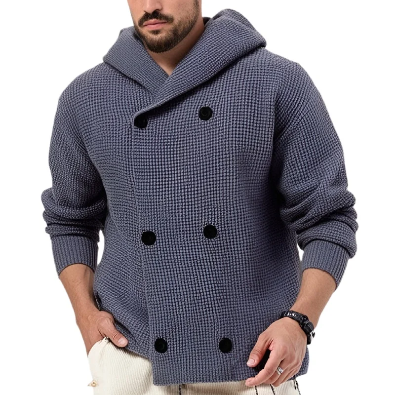 Double Breasted Hooded Jackets for Men Autumn Winter Thick Solid Knitted Sweater Coats Male New Casual Slim Cardigan Knitwear