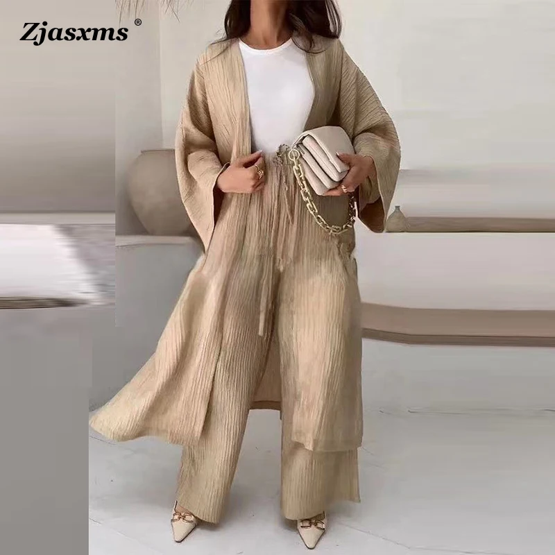 Elegant Female Loose Solid Color Outfits 2024 Women\'s Autumn Suits Lady Pleated Texture Top+Straight Casual Pants Two-Piece Sets