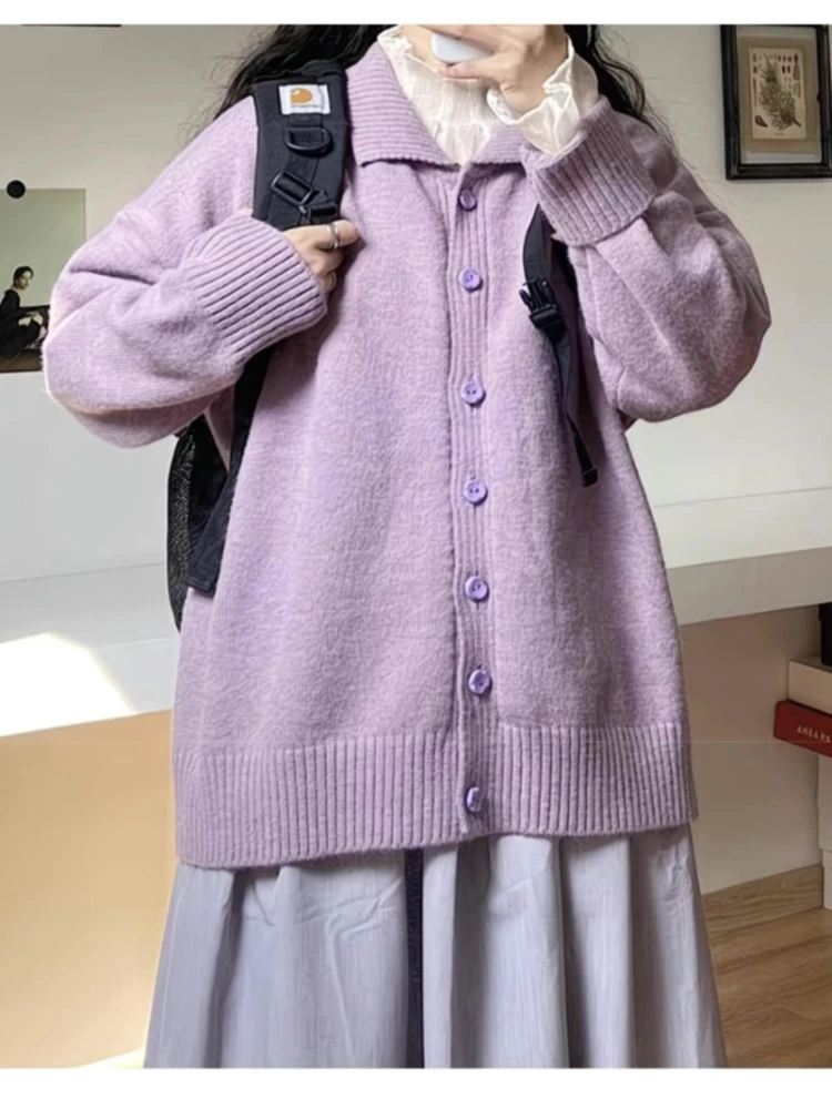 

Y2K Harajuku style purple polo collar woman's sweater autumn/winter Japanese style knitted women's long sleeved cardigan sweater
