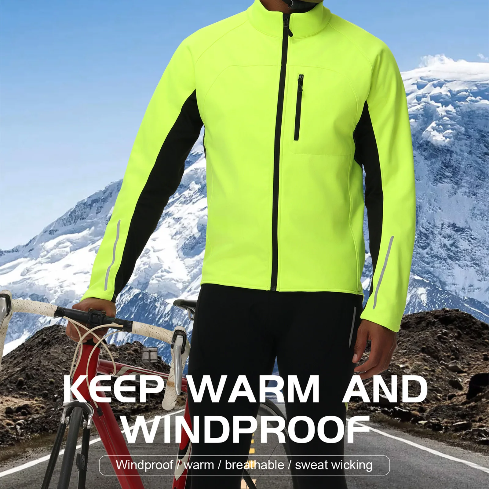 

Men Cycling Jacket Windproof Soft Shell Warm Fleece Lining Multiple Pockets Winter Jacket with Reflective Detailing