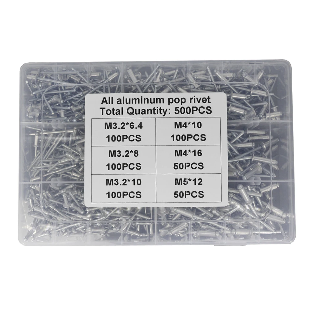 

500PCS Aluminum Rivet Box, Open-Type Oblong Head Blind Rivets M3.2M4M5 Combination Set