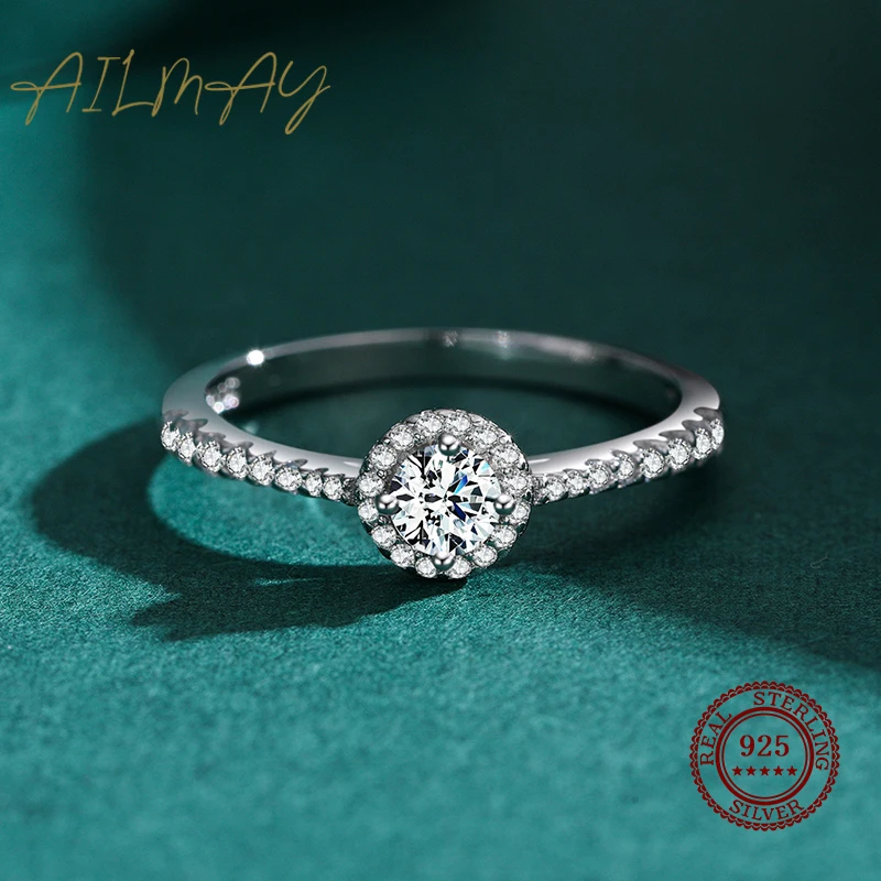 Ailmay Top qualité réel 925 en argent Sterling élégant rond scintillant CZ bague pour les femmes de mariage fiançailles bijoux cadeau