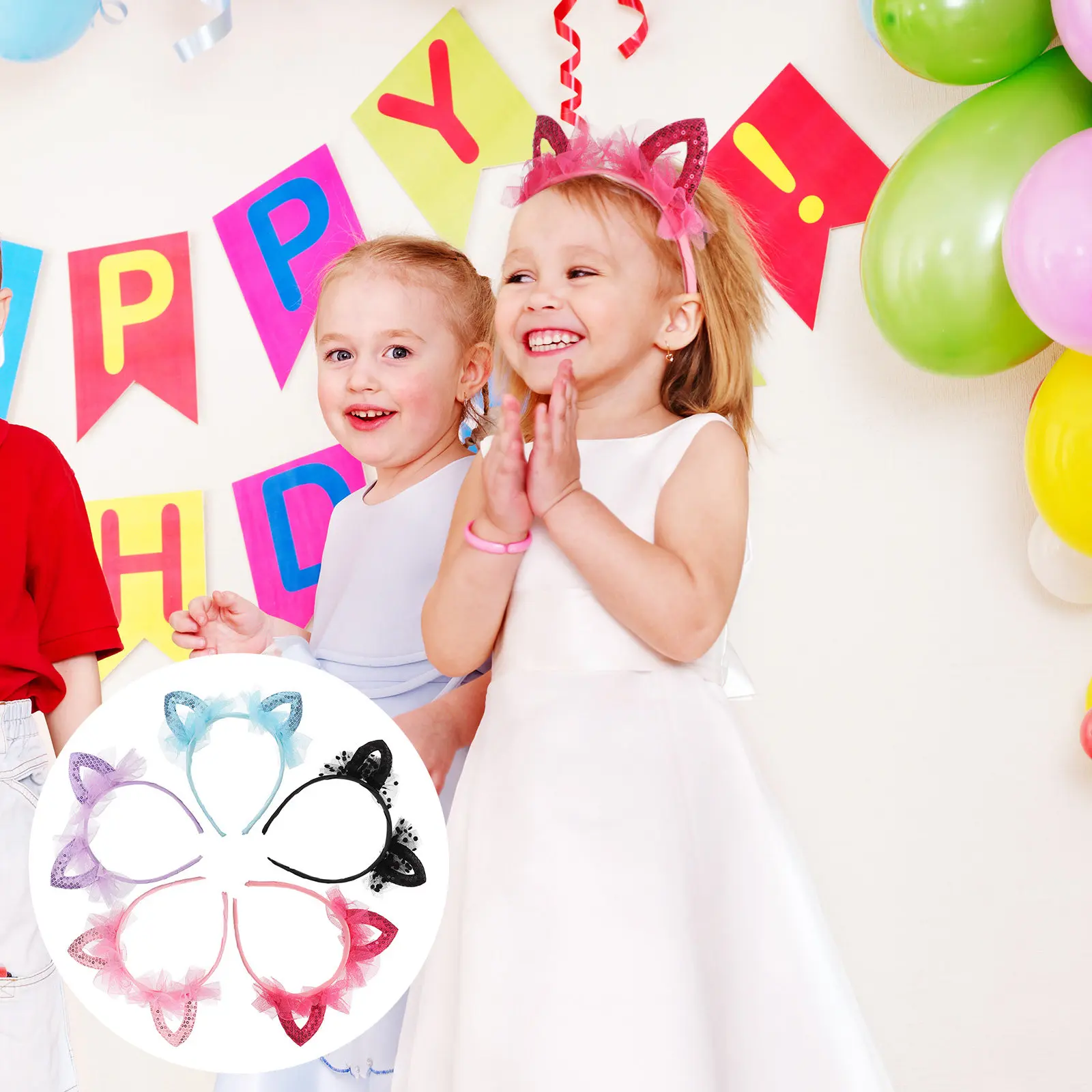

5Pcs Cat Ears Hair Hoop Glitter Sequin Headbands for Kids Girls Colorful Adjustable Cute Kitty Party Accessories